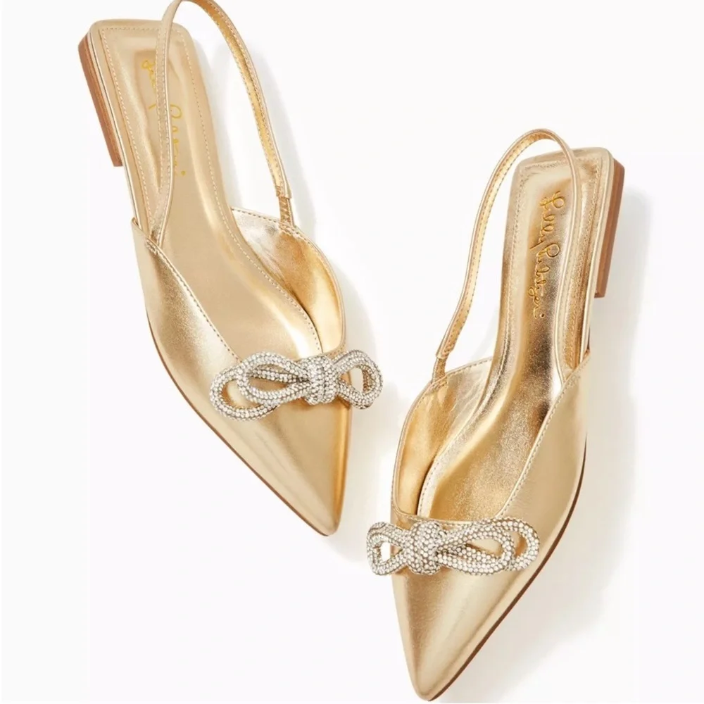 Lilly Pulitzer Brit Gold Rhinestone Bow Slingback Flats Size 9